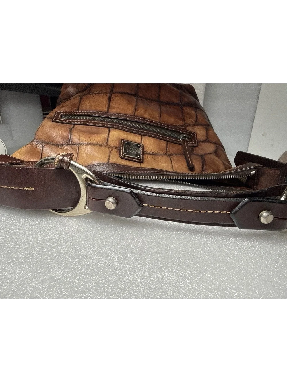 Vintage Dooney & Bourke Croco Embossed Leather Hobo Shoulder Bag Brown